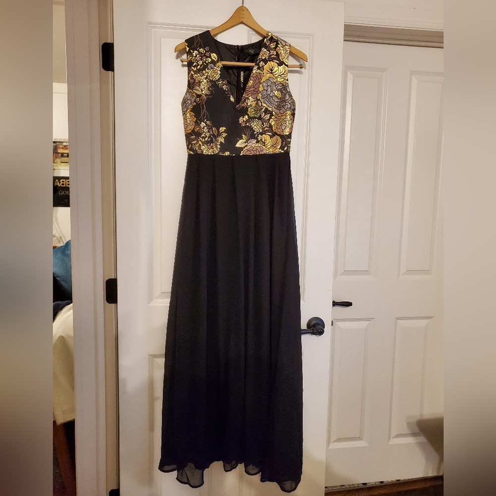 Embroidered floral evening gown